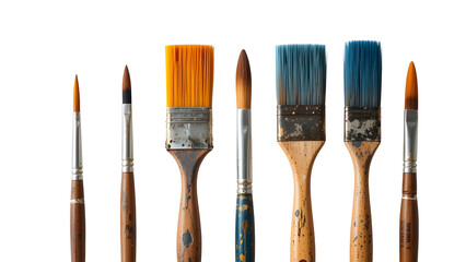 A collection of six used paintbrushes with different colors and sizes on a white background studio shot