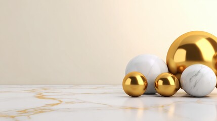 Golden and white spheres arranged on a marble surface with a soft background, creating a modern aesthetic