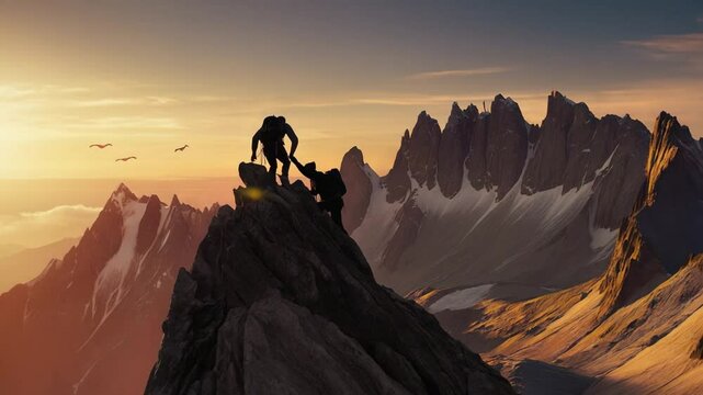 Silhouette of climbing partners buddies helping each other up the summit of a mountain, teamwork cooperation achieving success together AI generated	
