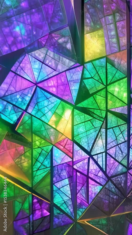 Poster vibrant stained glass window with triangular and diamond shapes featuring a spectrum of colors and a