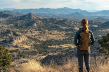 Naklejka premium Female hiker enjoying the view standing on a hill, taking in the breathtaking landscape while feeling the peaceful connection with nature, Generative AI