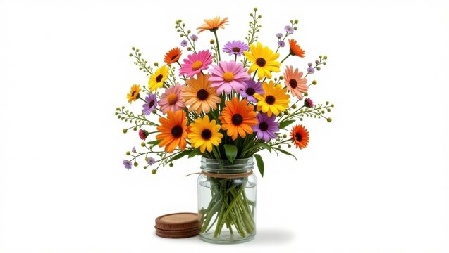 Hermoso ramo de flores silvestres en frasco de vidrio recortado aislado sobre fondo blanco