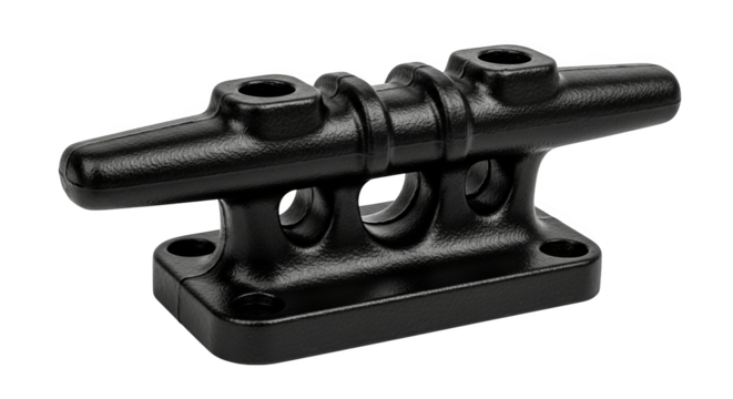 Detailed view shows a sturdy black metal cleat with mounting holes, ideal for marine applications.