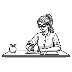 Woman Writing at Desk Illustration: Teacher with Apple, Glasses, and Ponytail - Black and White Line Art for Education Resources