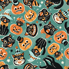 Seamless vector pattern with retro Halloween characters. Hand drawn spooky black cat and Halloween pumpkin illustration. EPS 10 vector file. Perfect for textile, wallpaper or nursery print design.