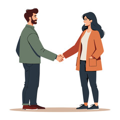 Business Handshake Illustration: Man and Woman Meeting, Agreement, Partnership, Flat Vector Art, Professional Interaction
