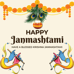 Happy Janmashtami religious Indian festival greeting card, template banner and poster, vector illustration