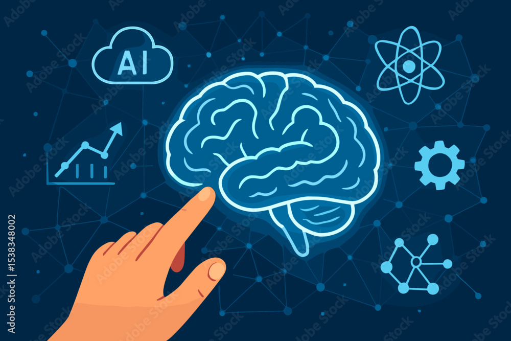 Poster artificial intelligence concept. human hand touching a glowing digital brain. ai cloud technology. d