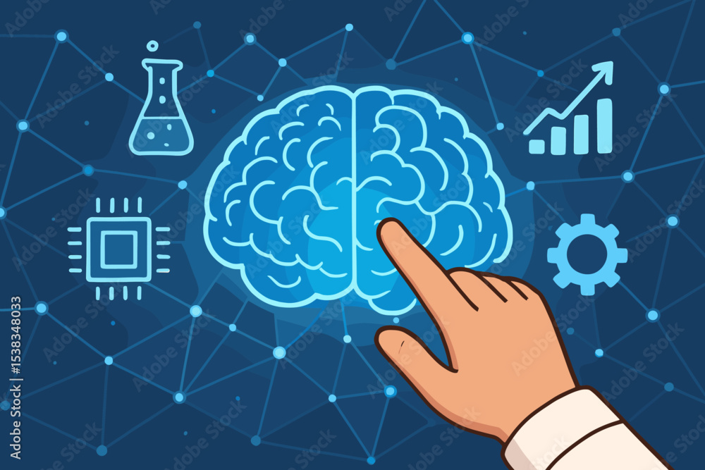 Poster artificial intelligence concept. hand touching glowing brain. machine learning technology. neural ne
