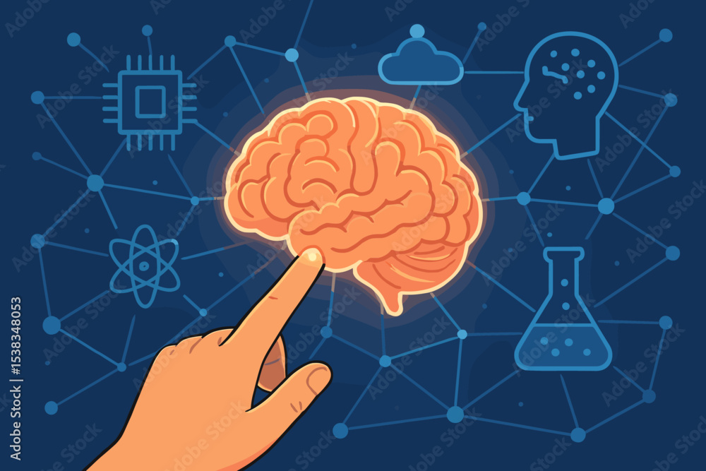 Poster artificial intelligence concept. hand touching a glowing brain connected to a technology network. me