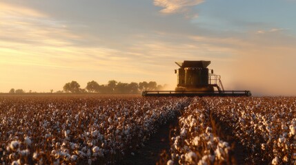 Fototapeta premium Cotton harvesting at sunset with a combine harvester in a vast field and scenic horizon