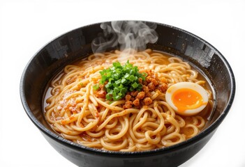 Taz&oacute;n humeante de fideos ramen con aderezos recortados aislados sobre fondo blanco