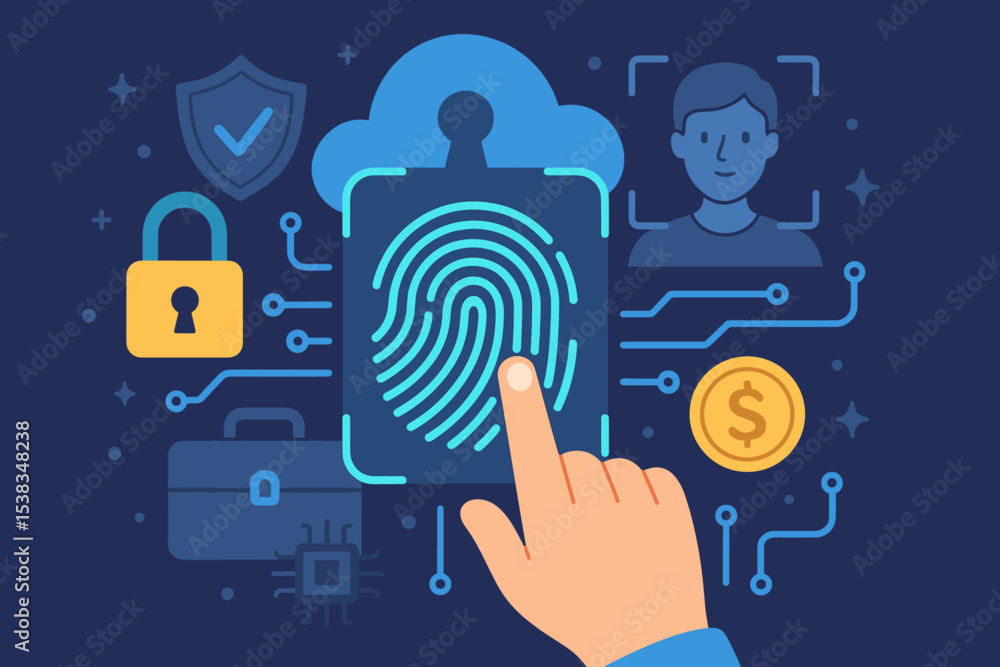 Poster biometric cyber security concept with fingerprint scanner and facial recognition. cloud data protect