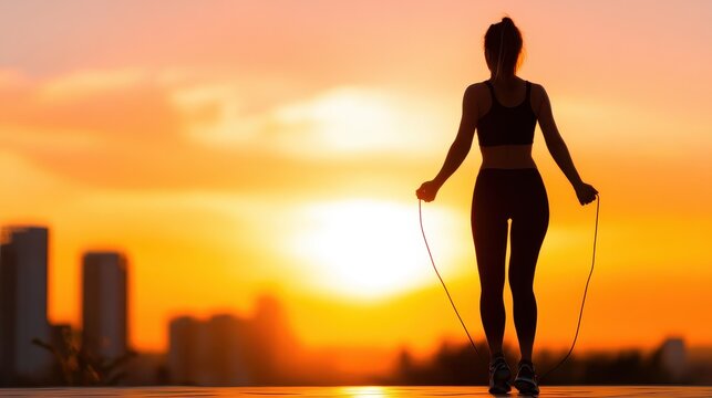 Silhouette of a woman skipping rope at sunset with city skyline in the background