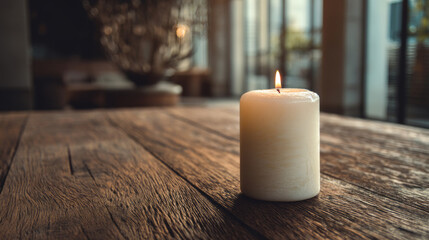 Naklejka na ściany i meble Single white candle on wooden table creating a cozy and peaceful atmosphere