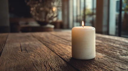 Fotobehang Single white candle on wooden table creating a cozy and peaceful atmosphere © standret