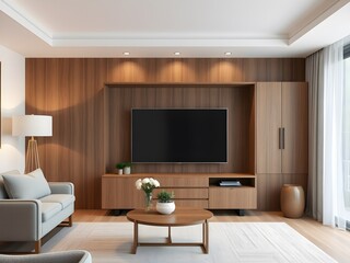 Modern Living Room Interior Mockup with TV Cabinet, Lamp, Table, and Indoor Plants