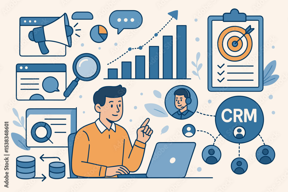 Poster crm system concept. customer relationship management and data analysis for business growth. digital 
