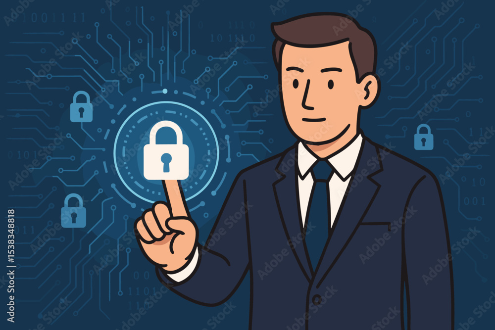Poster businessman touching a digital padlock icon for cybersecurity and data protection. concept of networ