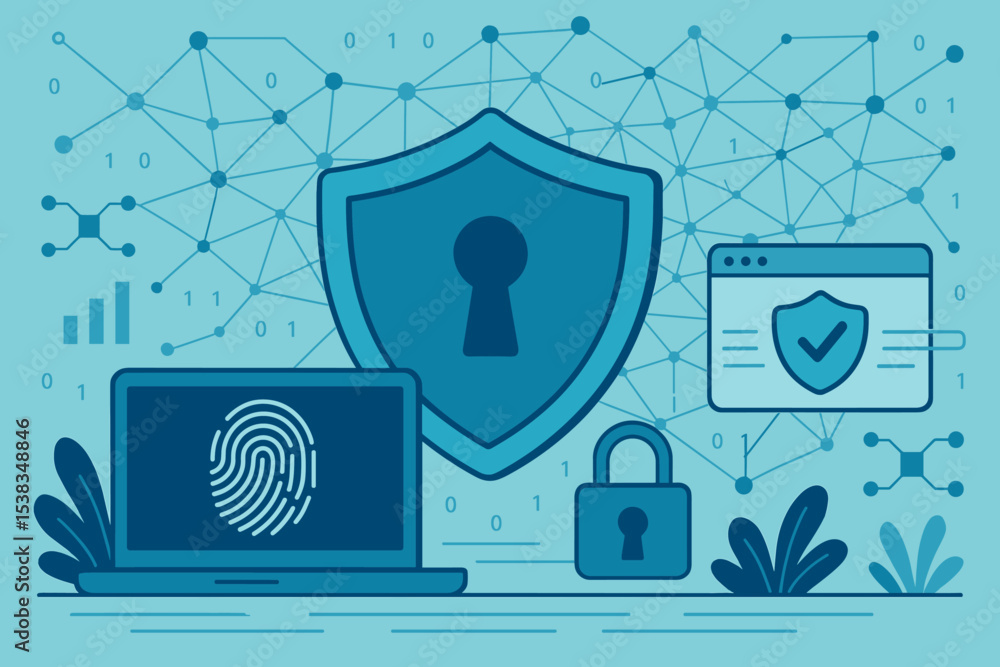 Poster cybersecurity concept for digital data protection and internet network security. technology illustra