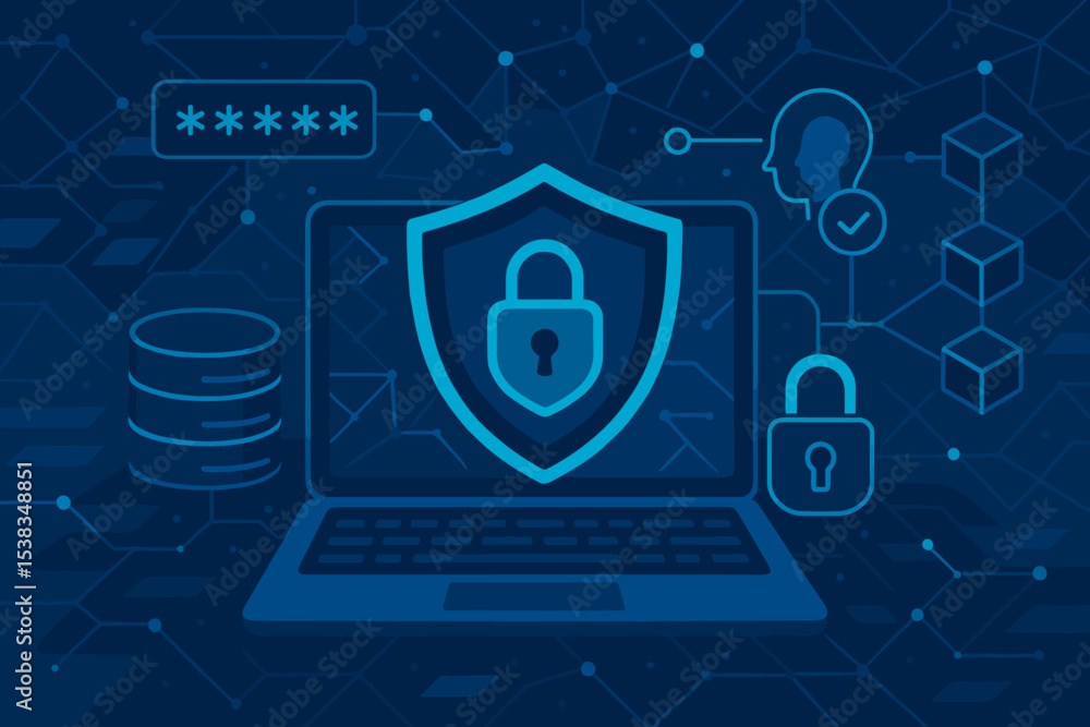 Aufkleber cybersecurity and data protection concept. digital network security with laptop, shield, password, f