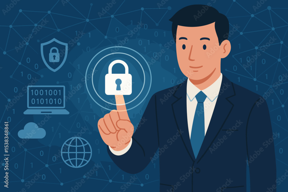 Poster cybersecurity concept with businessman touching digital lock. data protection, privacy, and internet