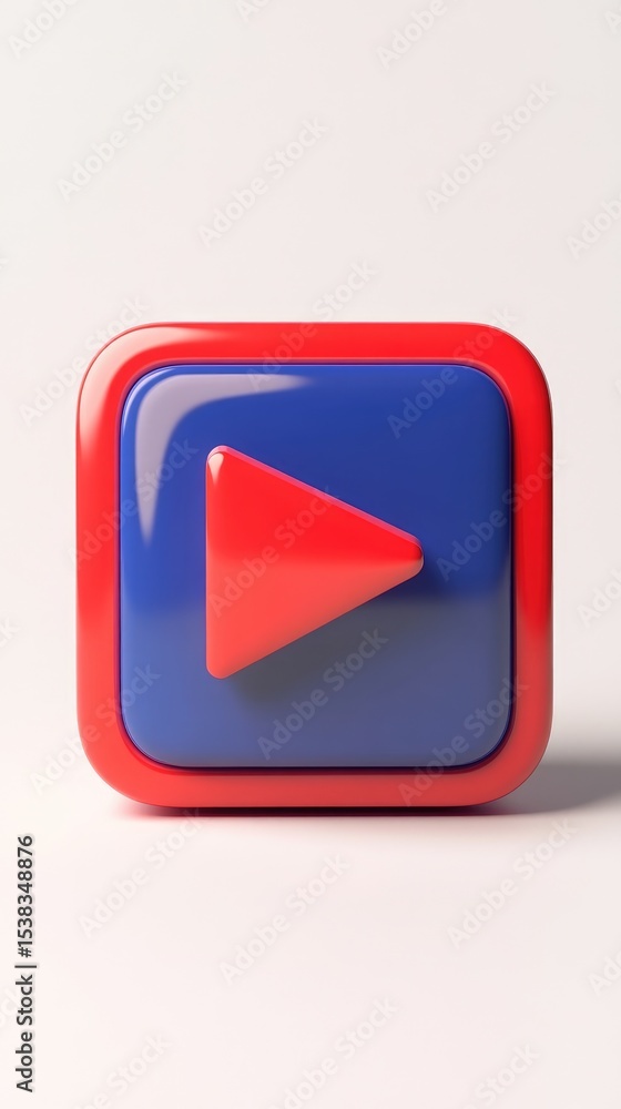 Poster 3d rendered red-bordered blue square button with a glossy red play symbol