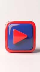 3D rendered red-bordered blue square button with a glossy red play symbol