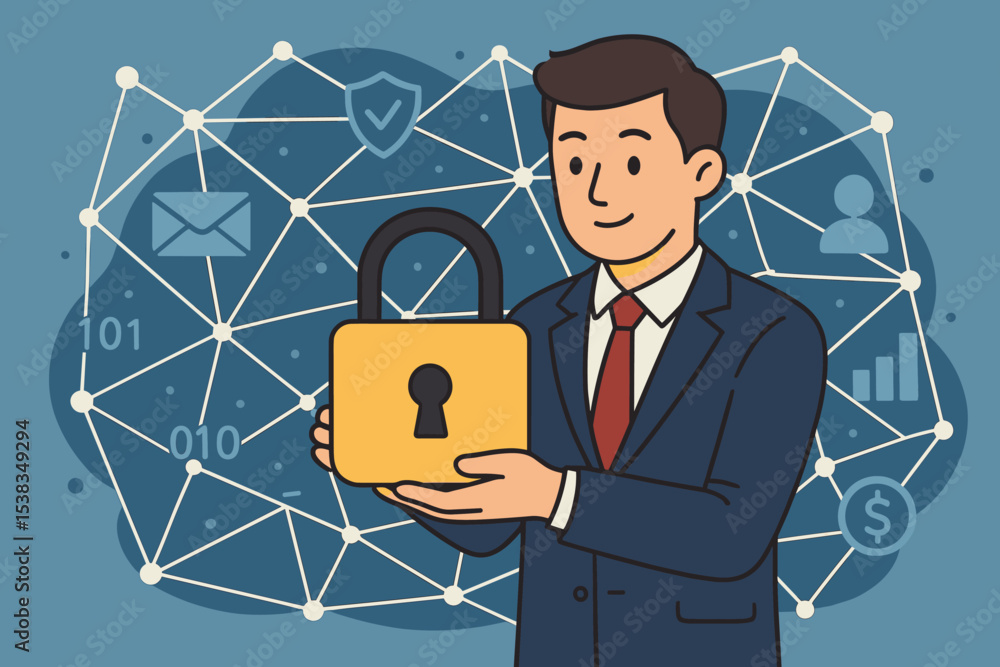 Poster data protection and cybersecurity concept. professional man in suit holds lock to secure network. in