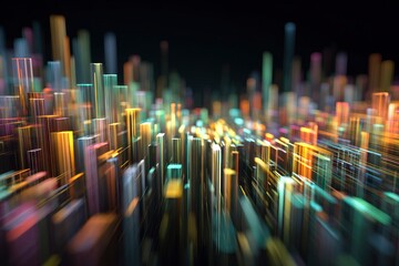 Abstract city scene featuring blurred illuminated rectangular prisms of various heights and colors against a dark background