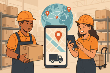 Smart logistics and supply chain management concept. Warehouse team uses app for global delivery tracking. E-commerce, shipping, distribution technology, and inventory control.