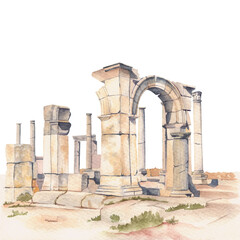 Obraz premium Watercolor illustration of ancient Roman arch ruins in Perge, Turkey. The scene captures the soft textures and historic elegance of weathered stone architecture on a clean white background.
