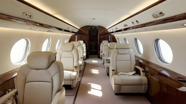 Cream leather interior of a private jet. Interior view of private jet cabin with leather seats and oval windows showing luxury travel. Luxury cabin of a business aircraft