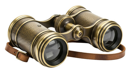 A pair of antique brass binoculars with a leather strap rests, evokes a sense of exploration.