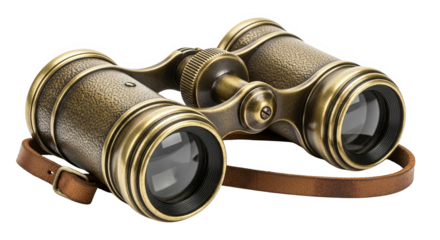 A pair of antique brass binoculars with a leather strap rests, evokes a sense of exploration.