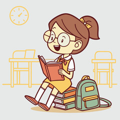 A cute girl reading a book at study room vector.