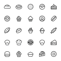 Simple black line icons display an assortment of baked goods and sweets