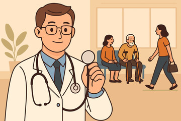 Doctor with stethoscope in clinic or hospital waiting room. Patients, including a senior, await medical consultation. Healthcare, health checkup, and general practitioner concept.
