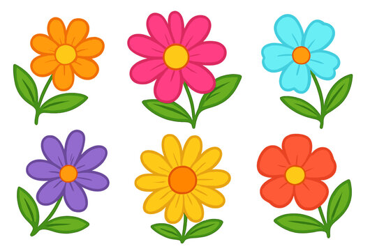 Set of colorful cartoon flowers. Collection of cute simple floral elements in flat vector style. Spring summer nature clip art pack for kids, stickers, and greeting cards. - Powered by Adobe