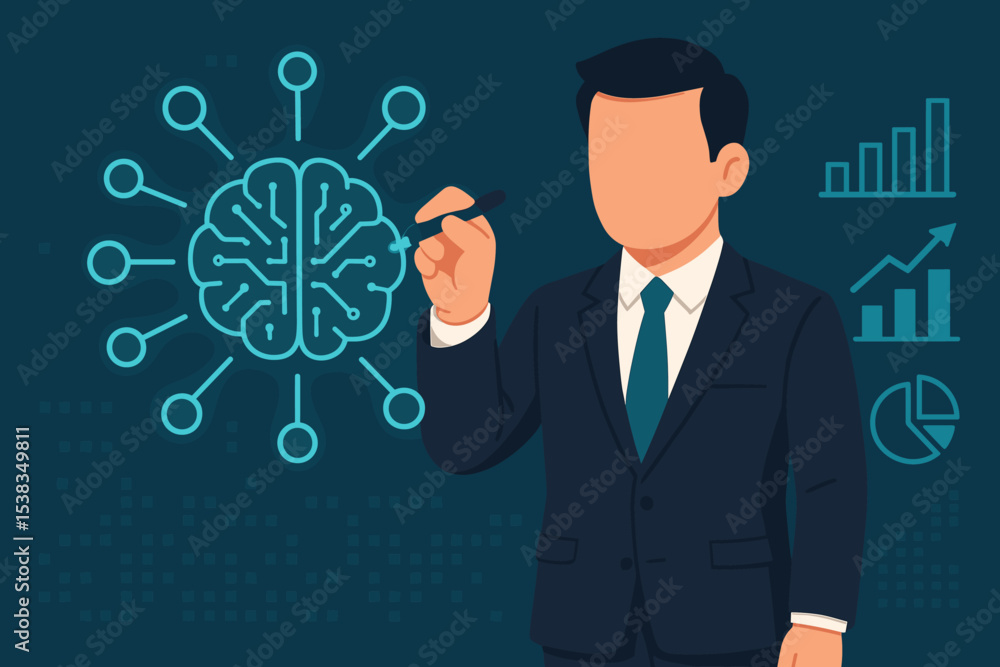 Poster artificial intelligence business concept. businessman drawing a digital brain circuit. machine learn