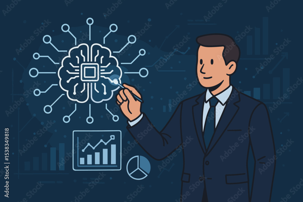 Poster businessman interacts with ai brain icon. concept of artificial intelligence, machine learning, data