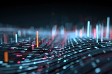 Abstract digital waves flow under illuminated bars in varied hues on dark background