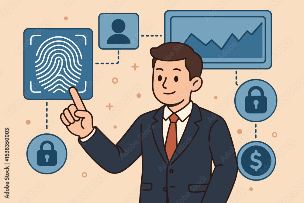 Poster businessman using biometric fingerprint scan for security. digital identification for access to fina