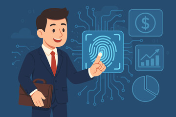 Businessman using fingerprint scan for biometric authentication on a virtual interface. Cybersecurity technology for financial data protection, business access control, and fintech.