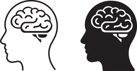 Set of Head with brain symbol  icon , outline and flat style , Brain or mind side view flat vector icon for medical apps and websites, vector illustration . 