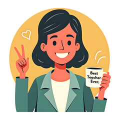 Cartoon Teacher Illustration: Smiling Woman with Coffee Mug "Best Teacher Ever" & Peace Sign, Vector Graphic for Education