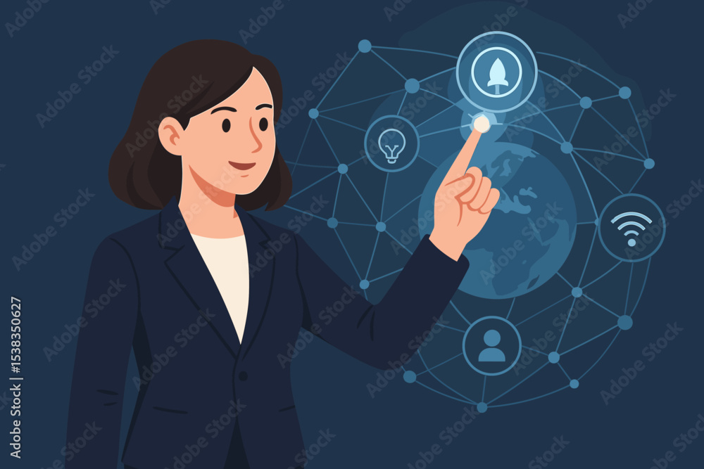Aufkleber businesswoman touching futuristic interface. global network connection concept. technology and innov