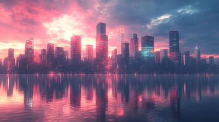 Fototapeta premium A futuristic city skyline at sunset, reflected in a calm water. Vibrant colors, glowing structures