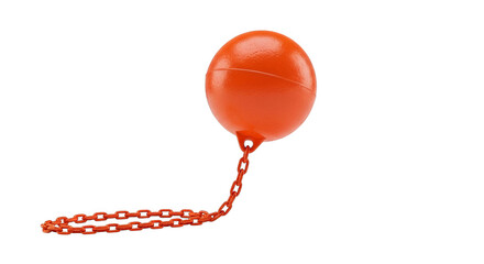 Rendering of a vibrant orange wrecking ball with a thick chain on a transparent backdrop.