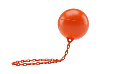 Rendering of a vibrant orange wrecking ball with a thick chain on a transparent backdrop.